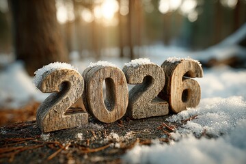 Frost-covered numbers 2026 nestled in serene winter landscape, c