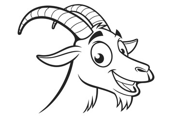A cartoonstyle goat with large horns shows a charming smile in a line drawing