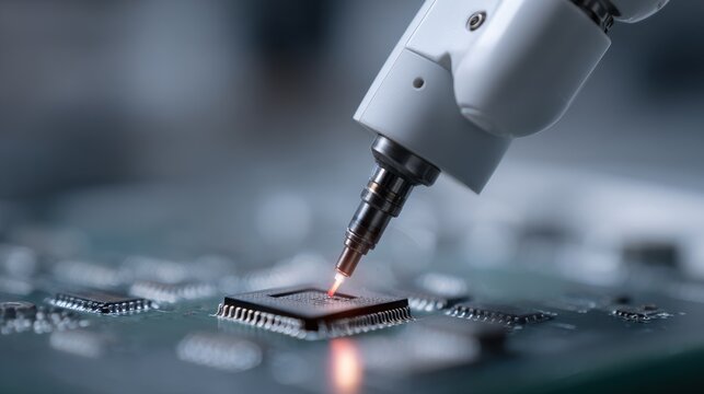 A close-up of a high-tech robotic arm performing precision soldering on a computer microchip on a printed circuit board (PCB) - Powered by Adobe