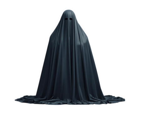 Ghost spooky photo object isolated transparency background fabric creepy mysterious ghostly figure draped dark fabric stands isolated transparency background creating spooky and mysterious atmosphere