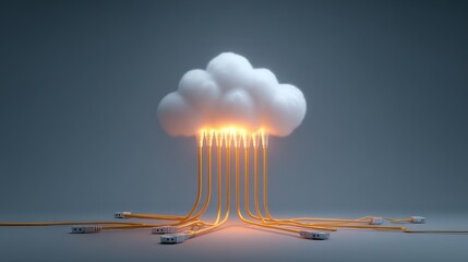 A 3D visualization of cloud computing technology, showing data transfer through glowing fiber optic cables connected to a central server