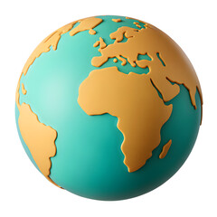 Naklejka premium Stylized 3d globe with orange continents on a turquoise planet isolated on transparent background