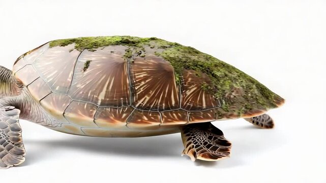 A turtle with a moss-covered shell, showcasing its unique texture and colors.