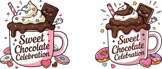 Sweet Chocolate Celebration Mug Illustration with Whipped Cream and Donuts