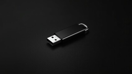 Fototapeta premium A sleek, black USB flash drive resting on a dark surface, emphasizing modern technology and minimalism.