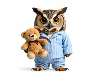 Obraz premium Adorable Cartoon Owl in Pajamas with Teddy Bear A Whimsical Illustration