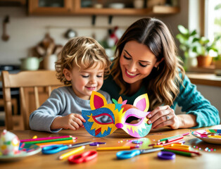 Celebrating creativity through crafting joyful masks with a child and mom during family time