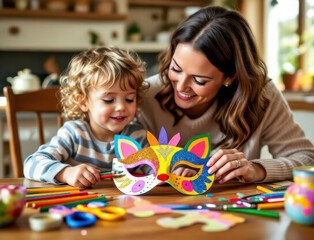 Mom and child enjoy creative crafting together while making colorful masks at home