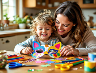 Crafting joy with mom and child in a cozy kitchen while making colorful masks together