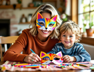Creative family crafting time with colorful cat masks and joyful expressions