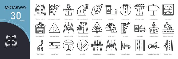 Motorway related icon collections. Containing road, highway, sign, traffic, lane, car, speed, direction, overpass, and transport icons. Outline icons.