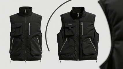 Black Puffer Vest with Multiple Zippered Pockets