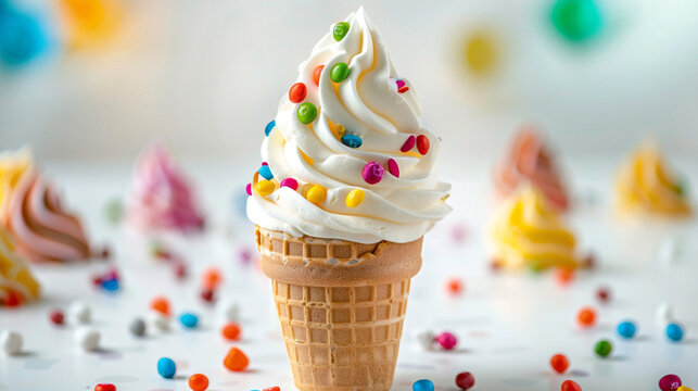 "Creative and Colorful Ice Cream Cone with Toppings on White Background – Perfect Summer Dessert for National Ice Cream Day Celebration, Food Advertising, and Social Media Posts"