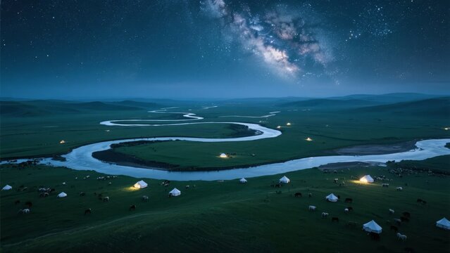 Winding River Under a Starry Sky in a Lush Green Landscape