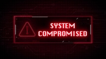 A cybersecurity alert screen showing system compromised warning with red interface, breach detected icon, and urgent visual UI. Ideal for cybersecurity, IT, or business risk content. - Powered by Adobe
