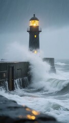 Obraz premium Lighthouse Illuminated Amidst Stormy Seas and Crashing Waves