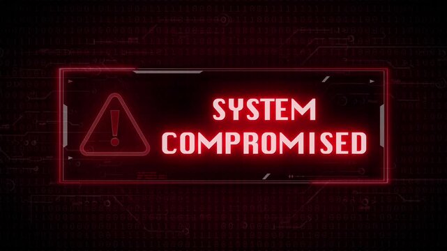 A cybersecurity alert screen showing system compromised warning with red interface, breach detected icon, and urgent visual UI. Ideal for cybersecurity, IT, or business risk content.