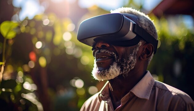 Senior man wearing VR headset, experiencing virtual reality in a sunlit garden, showcasing technology and leisure.