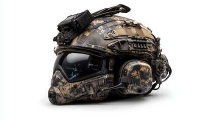 Camouflage Military Helmet with Accessories on White Background