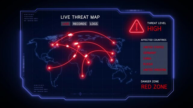 A live cyber threat map animation showing global red zones, attack lines, and digital alert overlays. Perfect for cybersecurity, global network monitoring, or tech presentations. - Powered by Adobe