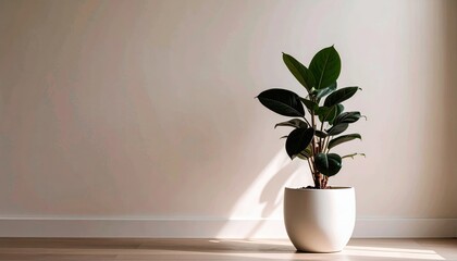 A rubber plant in a white pot sits on a wooden floor, bathed in sunlight, against a neutral wall, showcasing minimalist interior design.