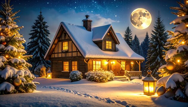 Charming cabin in snowy forest under full moon, adorned with holiday lights, creating a serene winter wonderland atmosphere.
