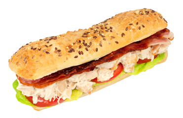 Chicken mayonnaise and bacon sandwich with fresh salad in a crusty multi seed topped baguette bread roll isolated on a white background