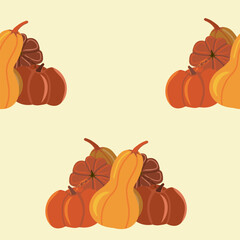 Seamless vector pattern of fall pumpkins and gourds arrangements on a light yellow background. Perfect for designing autumn festival flyers, event merchandise, and festive harvest decor and banners.