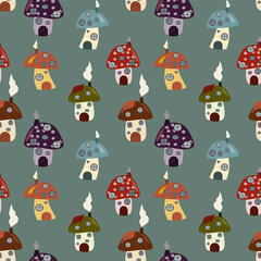 Seamless vector pattern of fairy mushroom houses in various colors with smoke on a teal-grey background. Perfect for fairy tale fabrics, children's decor, and fantasy themes.