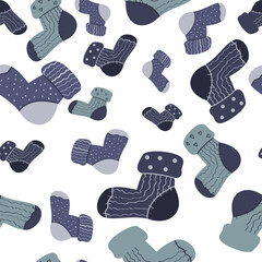 Seamless pattern of blue and teal socks on white. Ideal for children's winter apparel, laundry room decor, and cozy digital scrapbook paper projects.