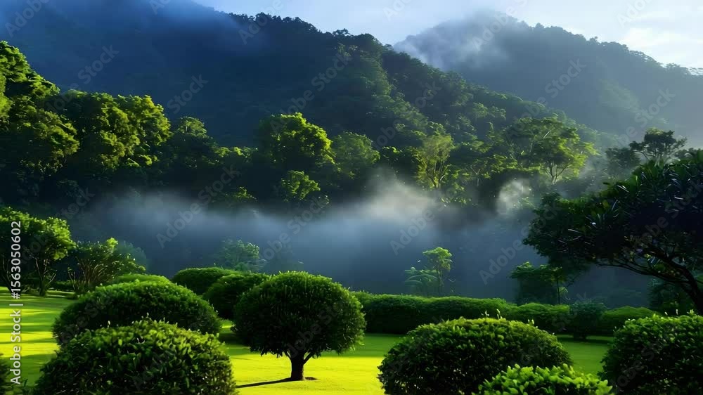 Poster lush green hills and trees under a misty sky, with neatly trimmed bushes in the foreground, creating