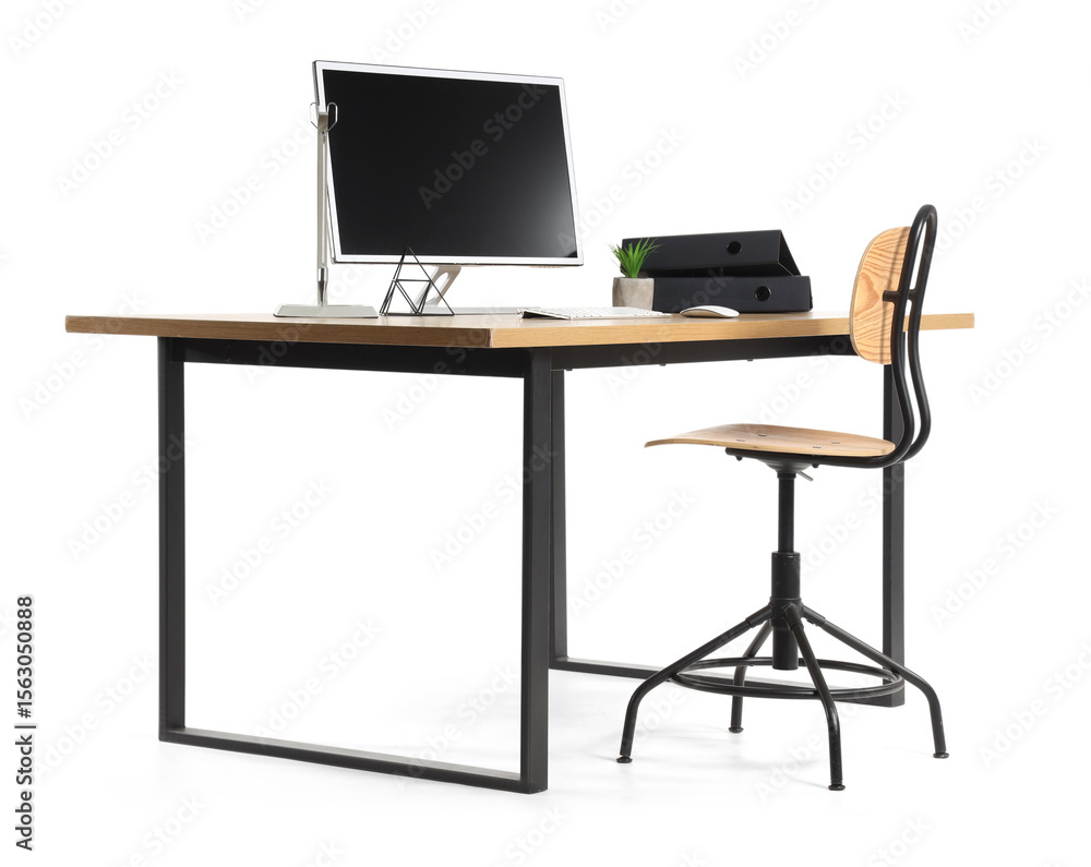 Poster stylish workspace with modern computer and folders isolated on white background