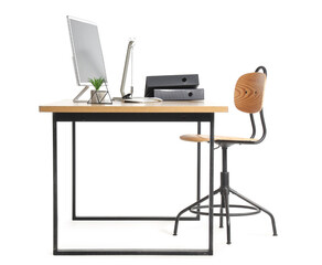 Stylish workspace with modern computer and folders isolated on white background