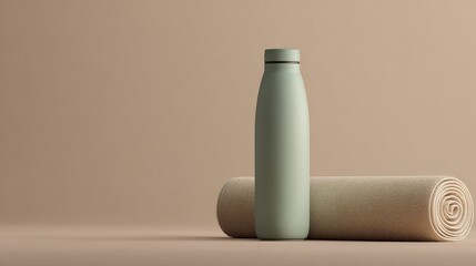 Green reusable water bottle and rolled yoga mat on beige background