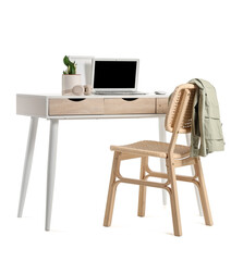 Stylish workspace with modern laptop and houseplant isolated on white background