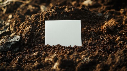 Blank white card rests on dark soil under the sunlight. This image represents earth, business, organic, or ecological concepts.