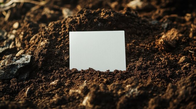Blank white card rests on dark soil under the sunlight. This image represents earth, business, organic, or ecological concepts.