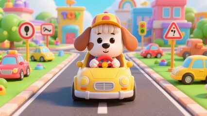Obraz premium Cute cartoon dog driving a yellow car on a colorful street with buildings and parked cars.