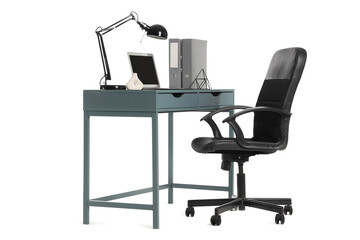 Stylish workspace with modern laptop and lamp isolated on white background