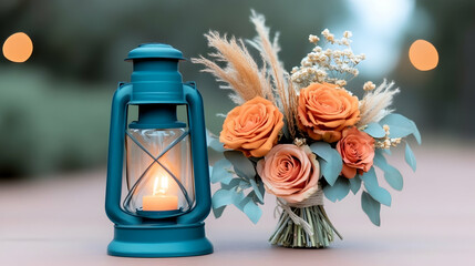 A high-definition photo of a western vintage boho setup with a rustic wooden table adorned with macrame, dried flowers, and vintage lanterns. The scene is framed by wide, open desert space, leaving