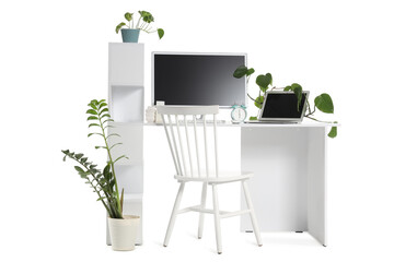 Stylish workspace with modern computer, laptop, houseplants and shelves isolated on white background