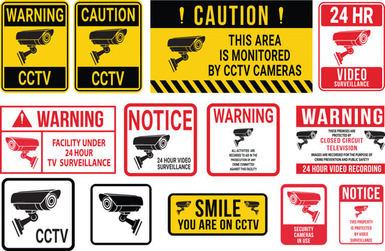 Security Camera or cctv sign, logo, badge, icon, sticker, label, emblem, stamp, symbol, black, line, flat vector, isolated illustration. Security Camera or cctv for street, home and building concept.
