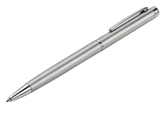 A sleek silver metal pen isolated on transparent background for writing