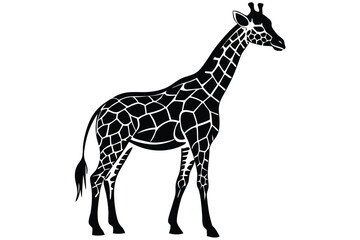 Naklejka premium Black and white stylized giraffe drawing showcases distinctive spots, long neck, and slender legs