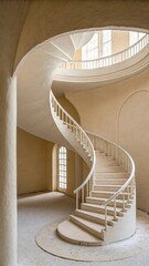 Obraz premium Elegant spiral staircase with white balustrade and natural light from windows in a classic architectural design