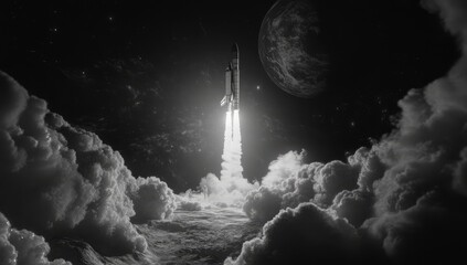 Black and white rocket launch into space above clouds