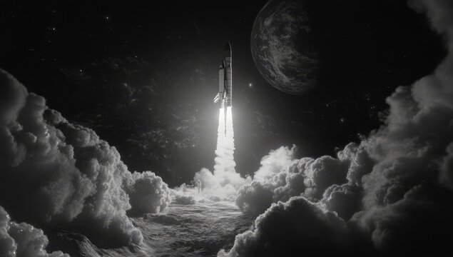 Black and white rocket launch into space above clouds