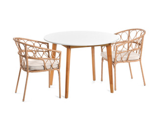 Stylish dining table and chairs isolated on white background