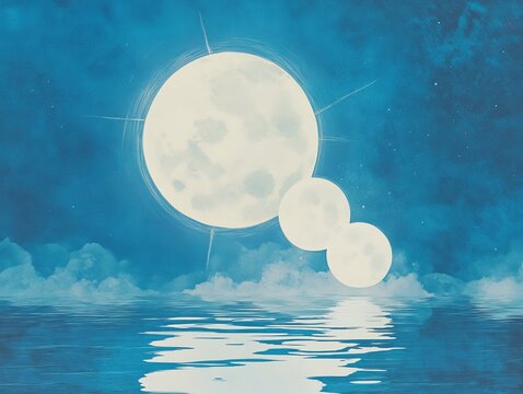 Majestic moons over tranquil water at night