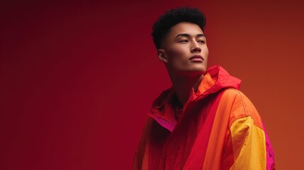 Obraz premium an Asian man in colorful hoodie looking away on gradient background